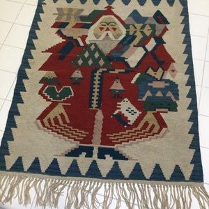 Navajo rug throw handwoven 100% wool fringes Santa motif red blue, 36” x 52”